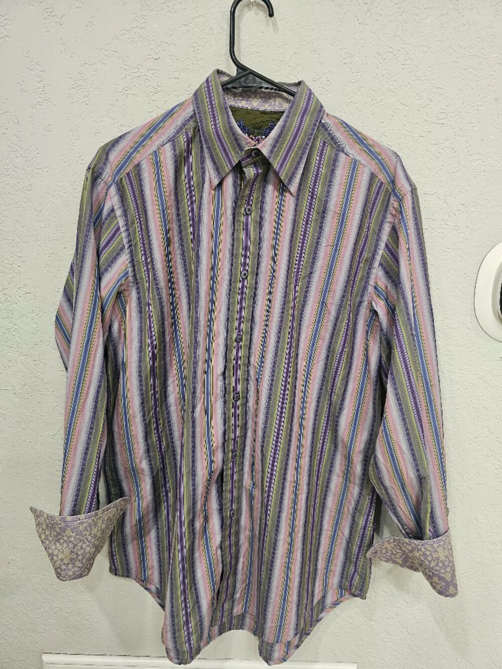 Robert Graham Shirt Mens Medium Multi Stripe Flip Cuff Geometric Trim